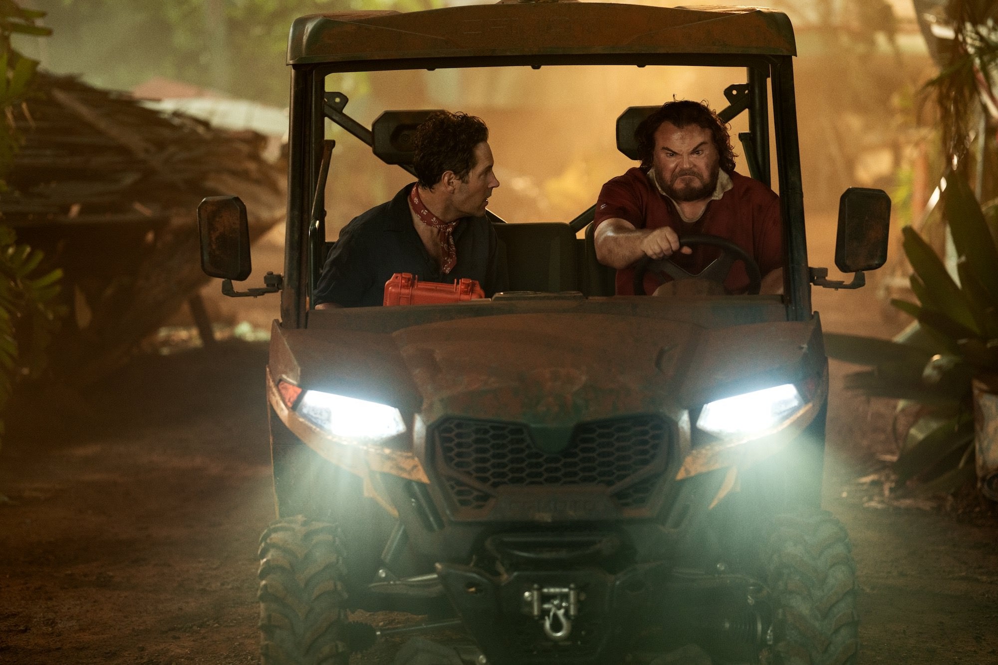 Photo of Paul Rudd and Jack Black driving in jeep from the film Anaconda.