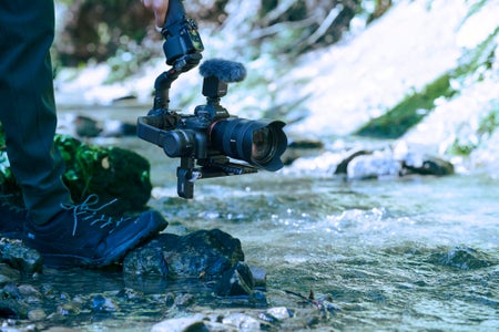 Sony ECM-B10 shotgun mic in the field, capturing ambient sound.