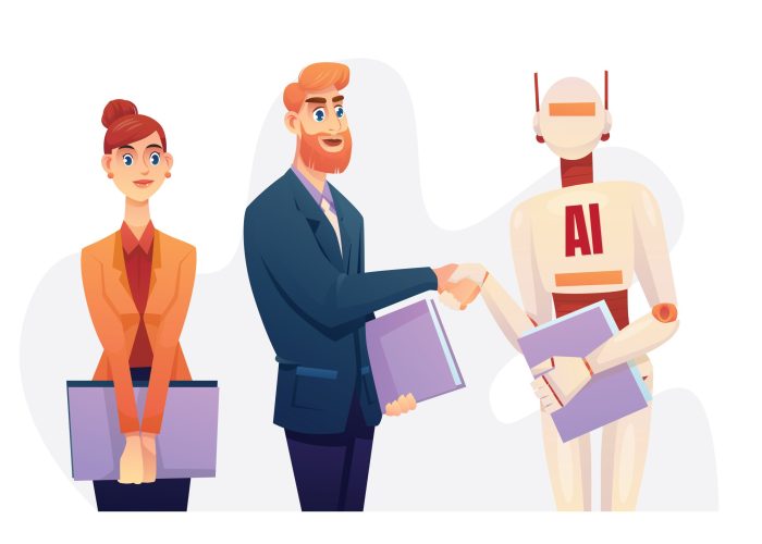 Businessman and robot handshake for deal and contract business p Businessman and robot handshake for deal and contract business partnership. AI (artificial intelligence technology) for business in future. Vector cartoon illustration