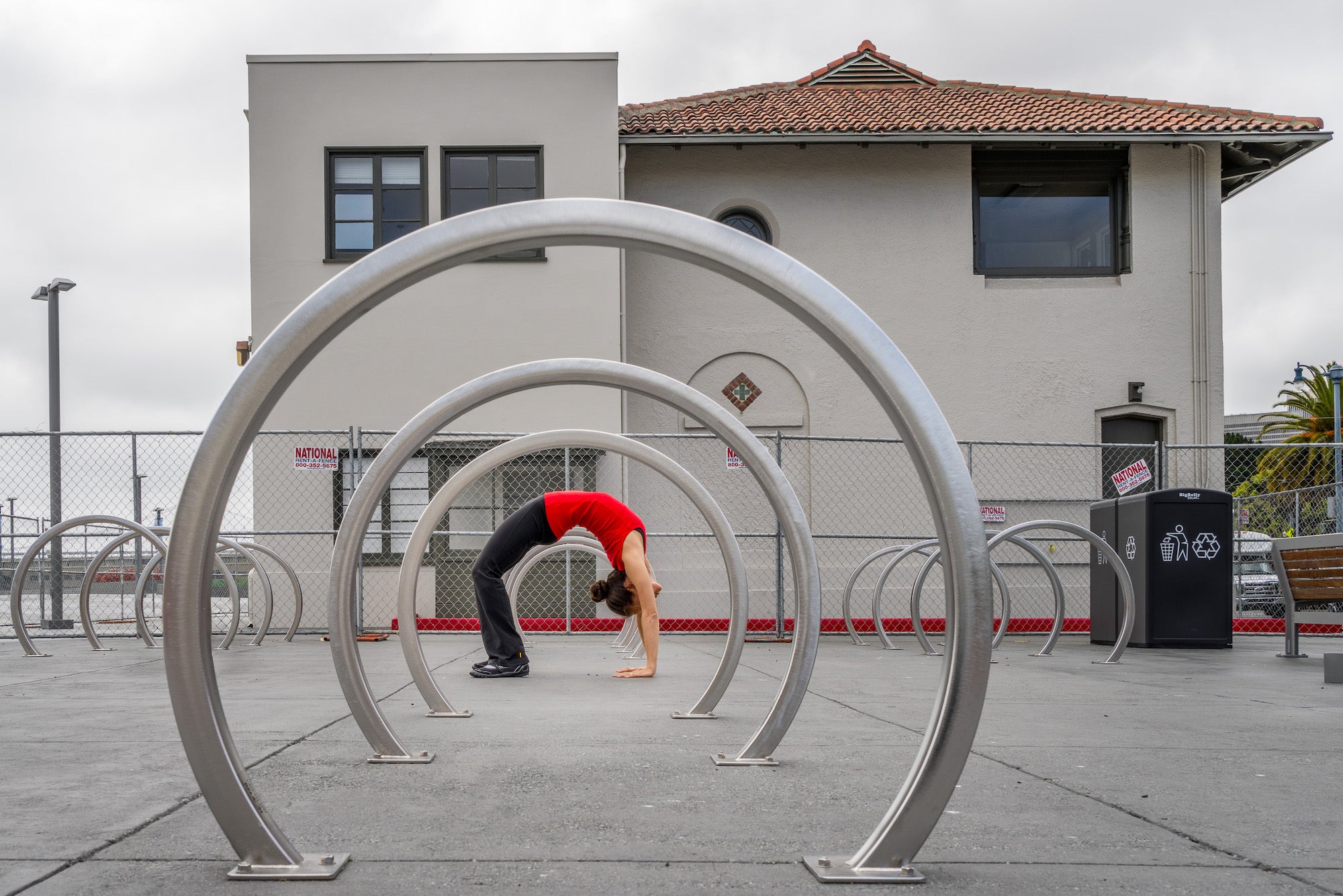 Woman doing yoga pose in San Francisco, CA