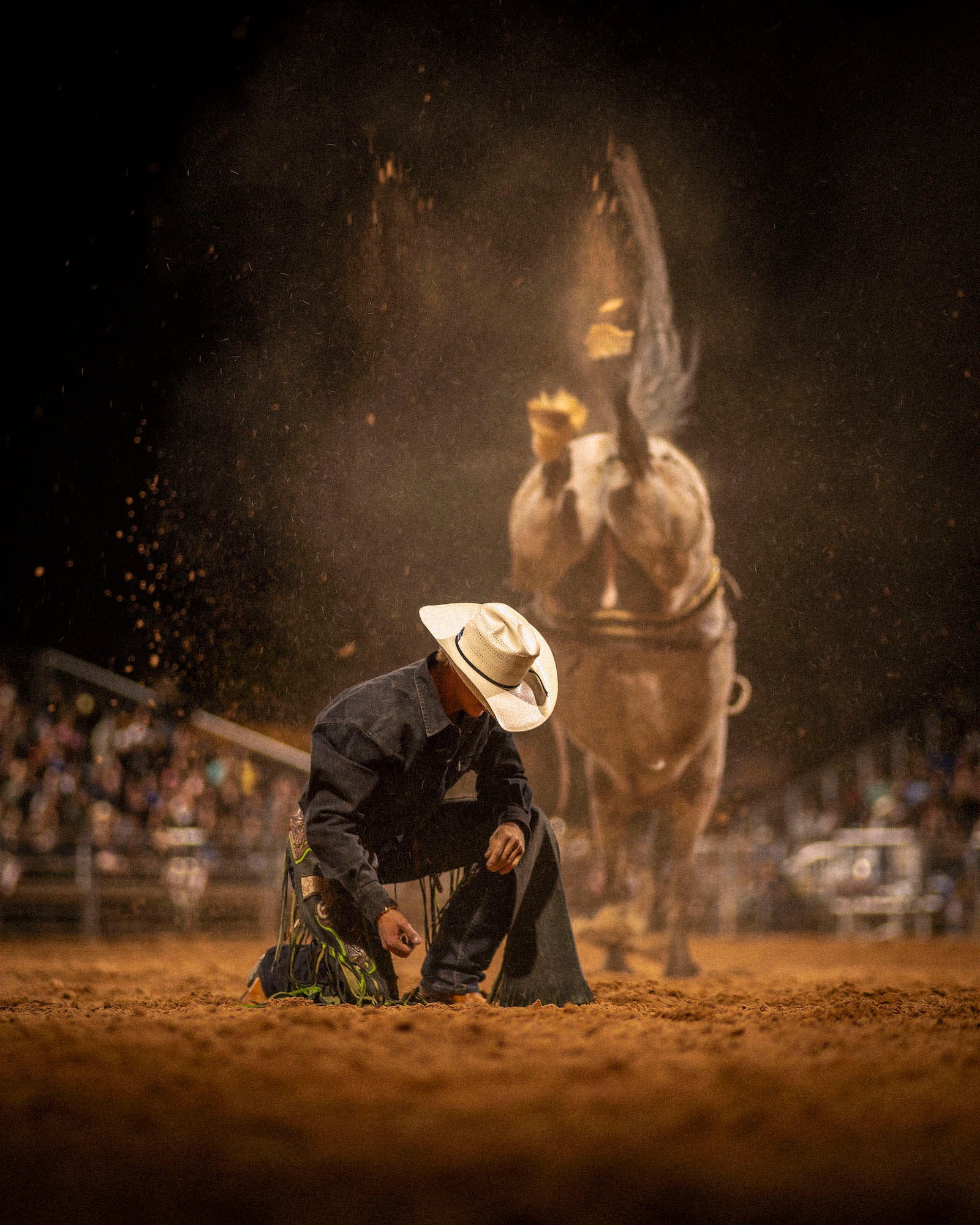 Cowboy kneeling on the dirt ground in a rodeo ring while a horse bucks in the air behind him.
