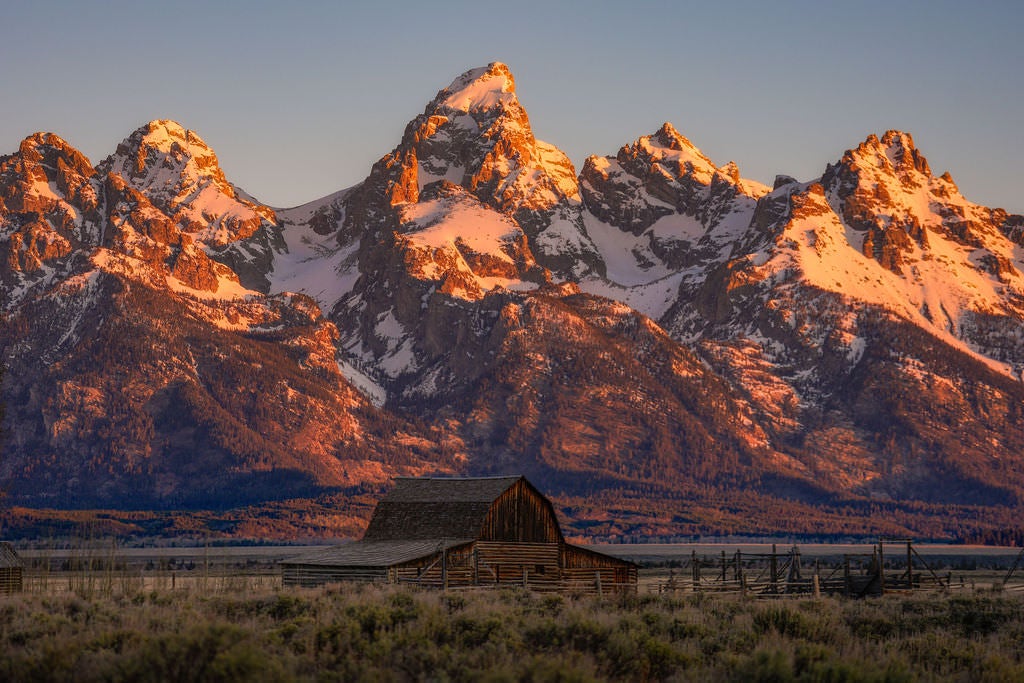 A historic wooden barn sits at the base of the Grand Teton mountain range, bathed in warm alpenglow at sunrise, with the rugged snow-capped peaks glowing orange and pink against a soft blue sky.