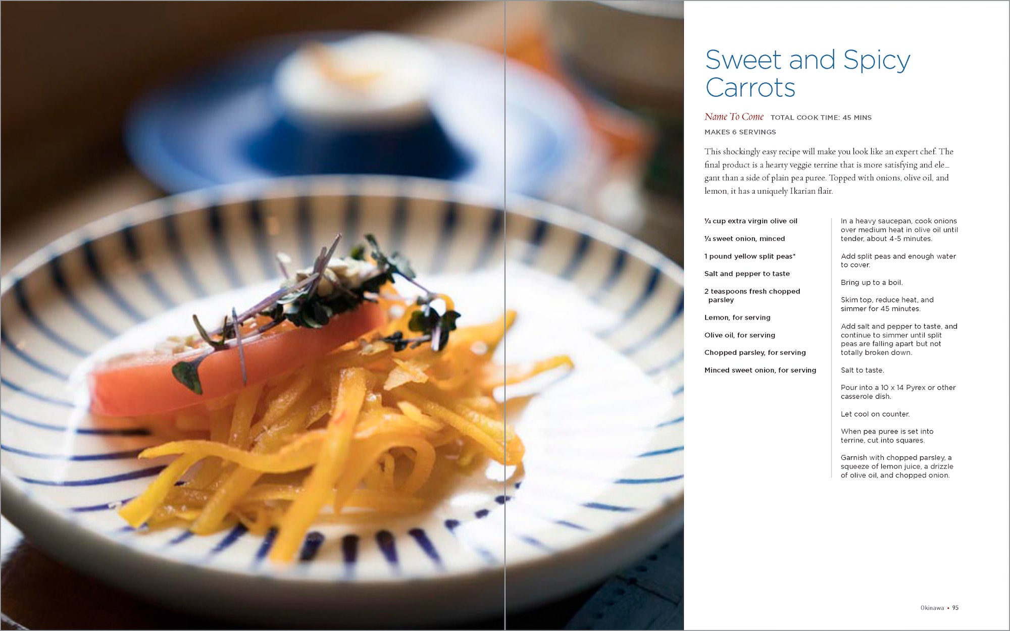 Plated carrot salad with herbs on a striped dish; cookbook recipe text on the right page.