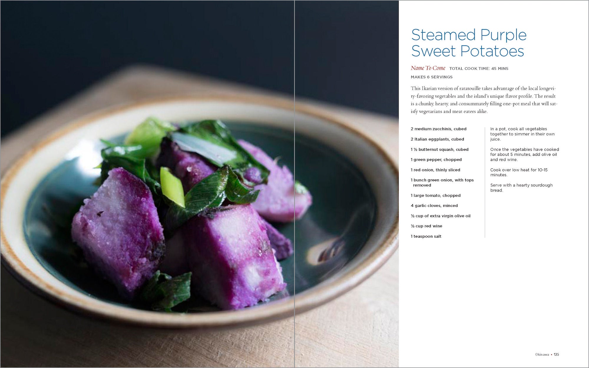Bowl of steamed purple sweet potatoes with greens; cookbook recipe text appears on the right page.
