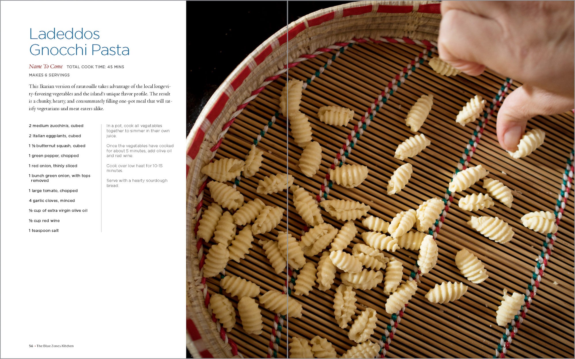Hand-shaped Sardinian gnocchetti dry on a woven reed tray; cookbook recipe text on the left page.