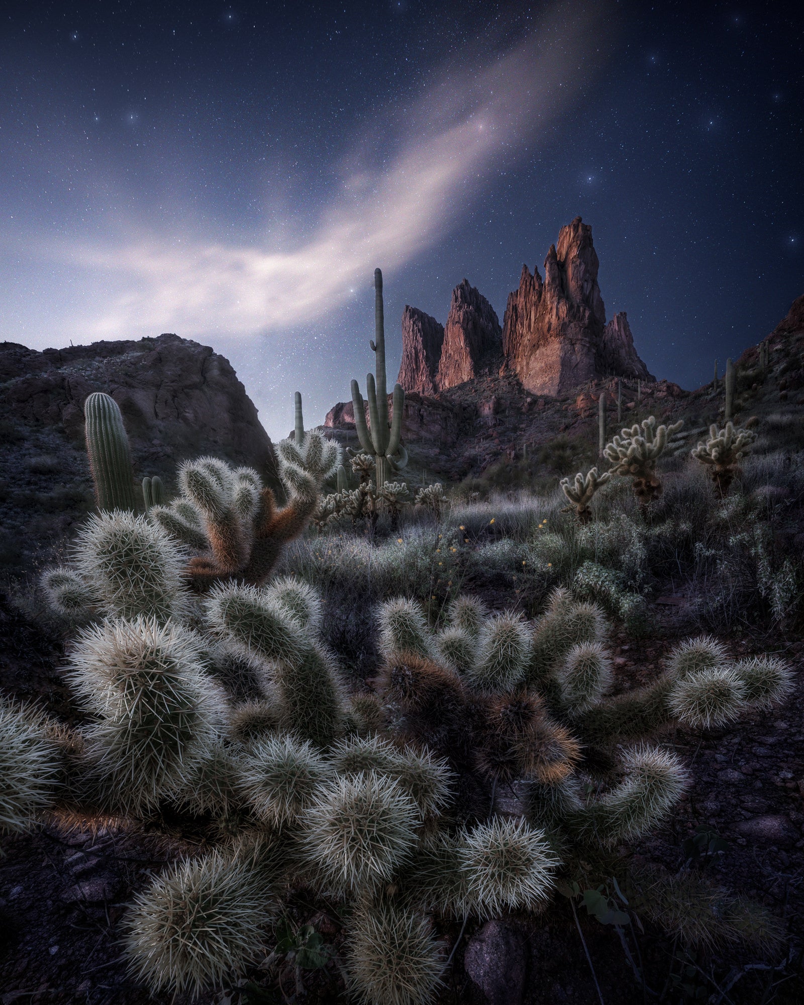 Starry night over Arizona&rsquo;s Superstition Mountains with cholla and saguaro cacti in the foreground.